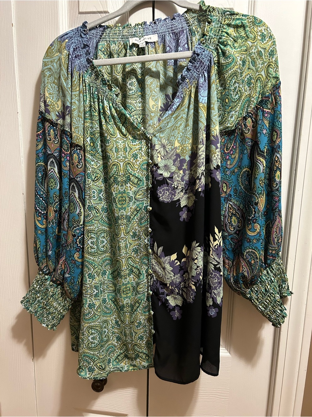 Rose & Olive Mixed Paisley & Floral Peasant Blouse - Teal/Black